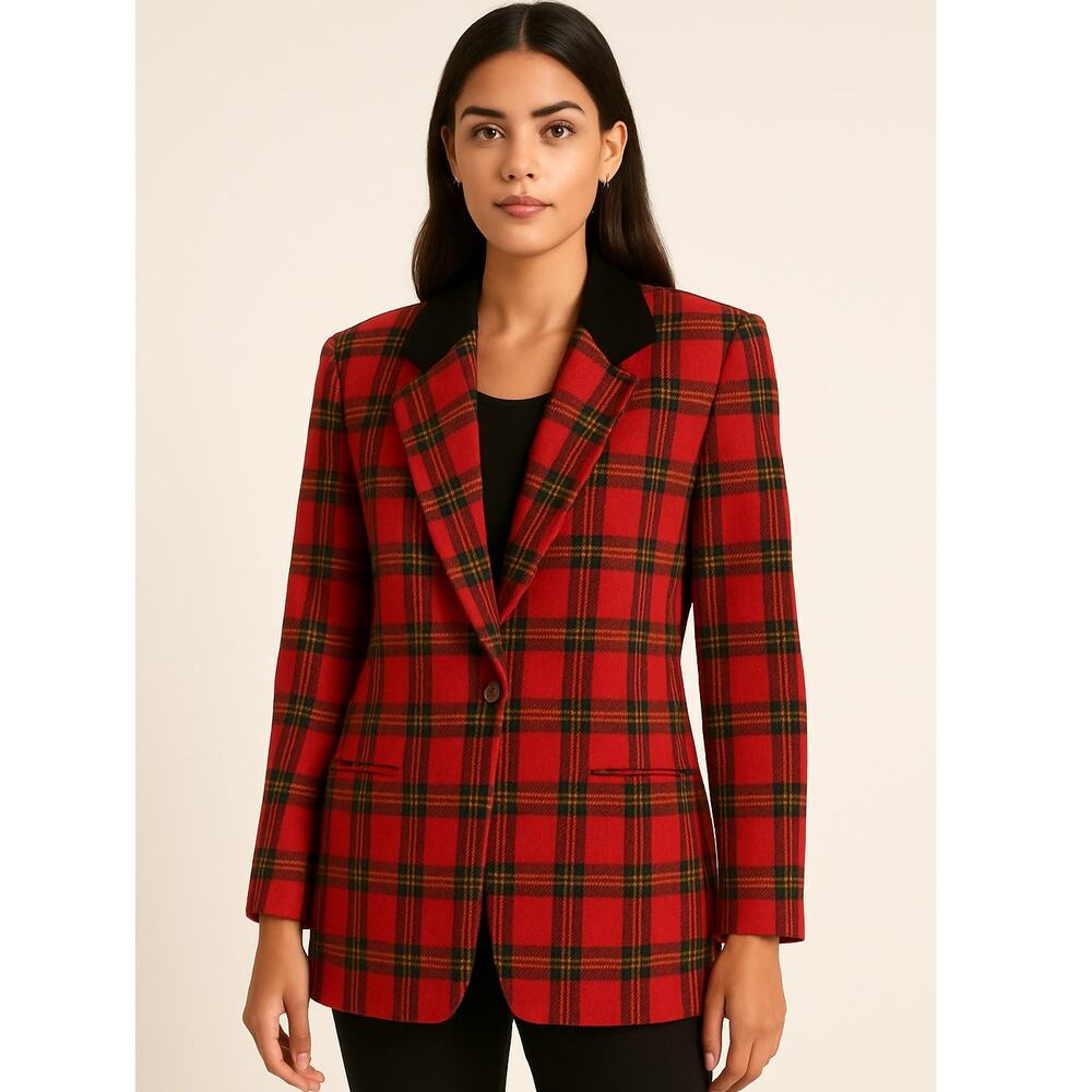 Vintage Sag Harbor Red Tartan Plaid Wool Black Velvet Collar Retro Blazer 10